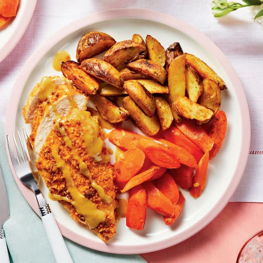 Crispy Maple Mustard Chicken with Roasted Potato Wedges & Carrots