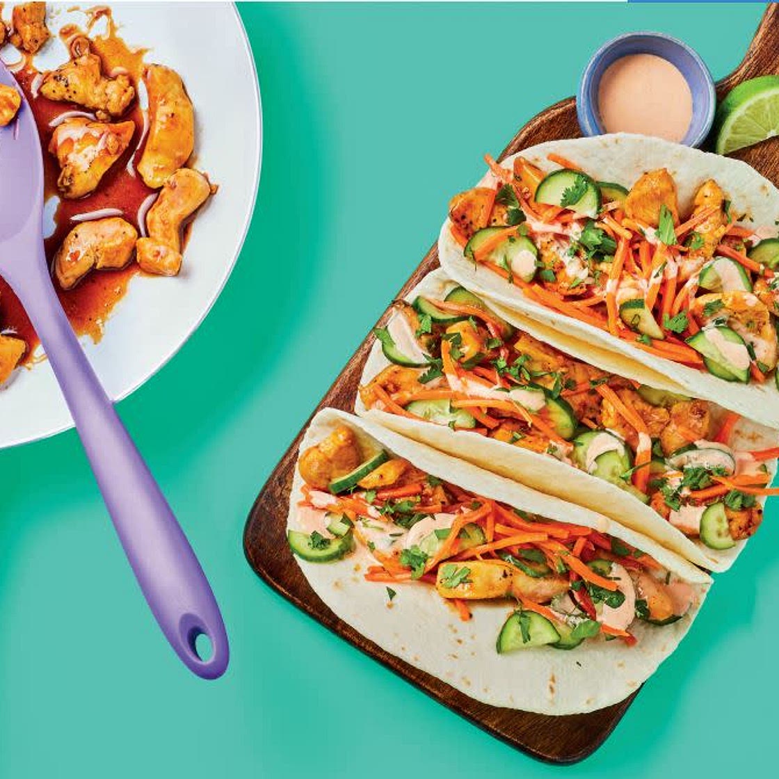 One-Pan Banh-Mi-Style Chicken Tacos with Pickled Cucumber & Sriracha Mayo
