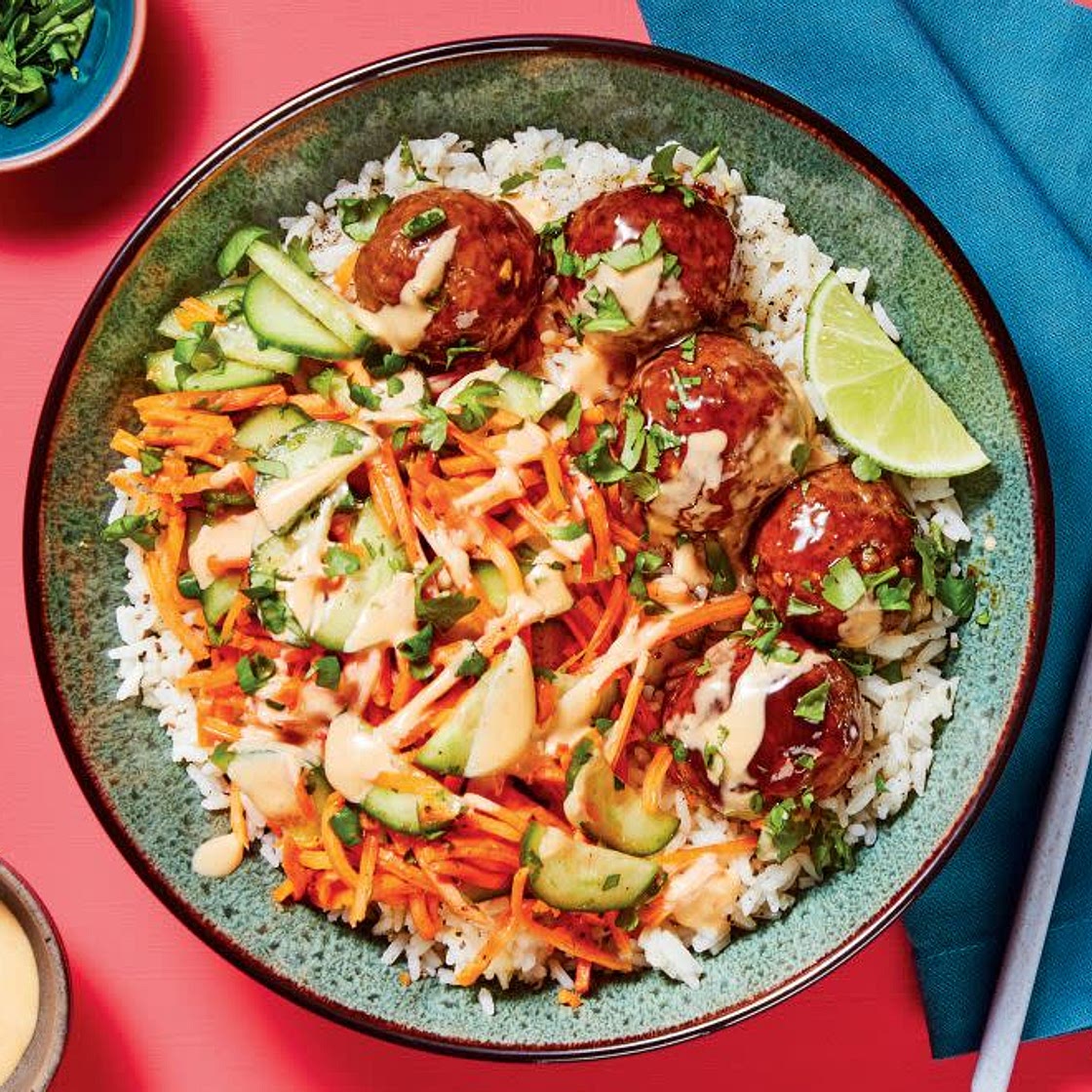 Banh Mi-Style Meatball Bowls with Pickled Veggie Salad, Sriracha Lime Mayo & Ginger Rice