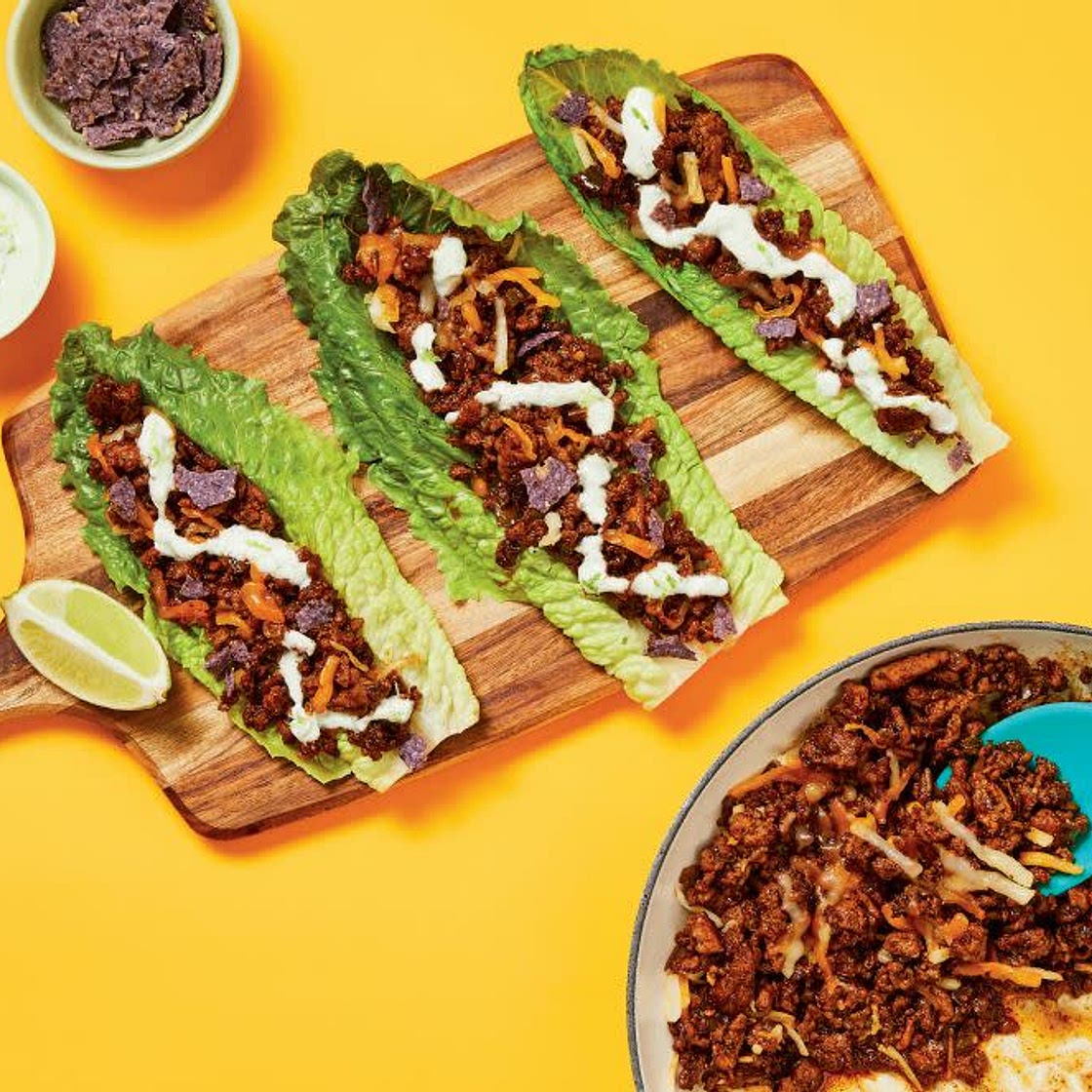 One-Pan Pork Fajita Lettuce Wraps with Blue Corn Tortilla Chips & Lime Crema