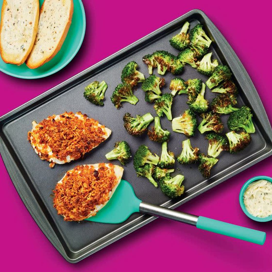 Sheet Pan Parmesan Chicken with Roasted Broccoli & Garlic Bread