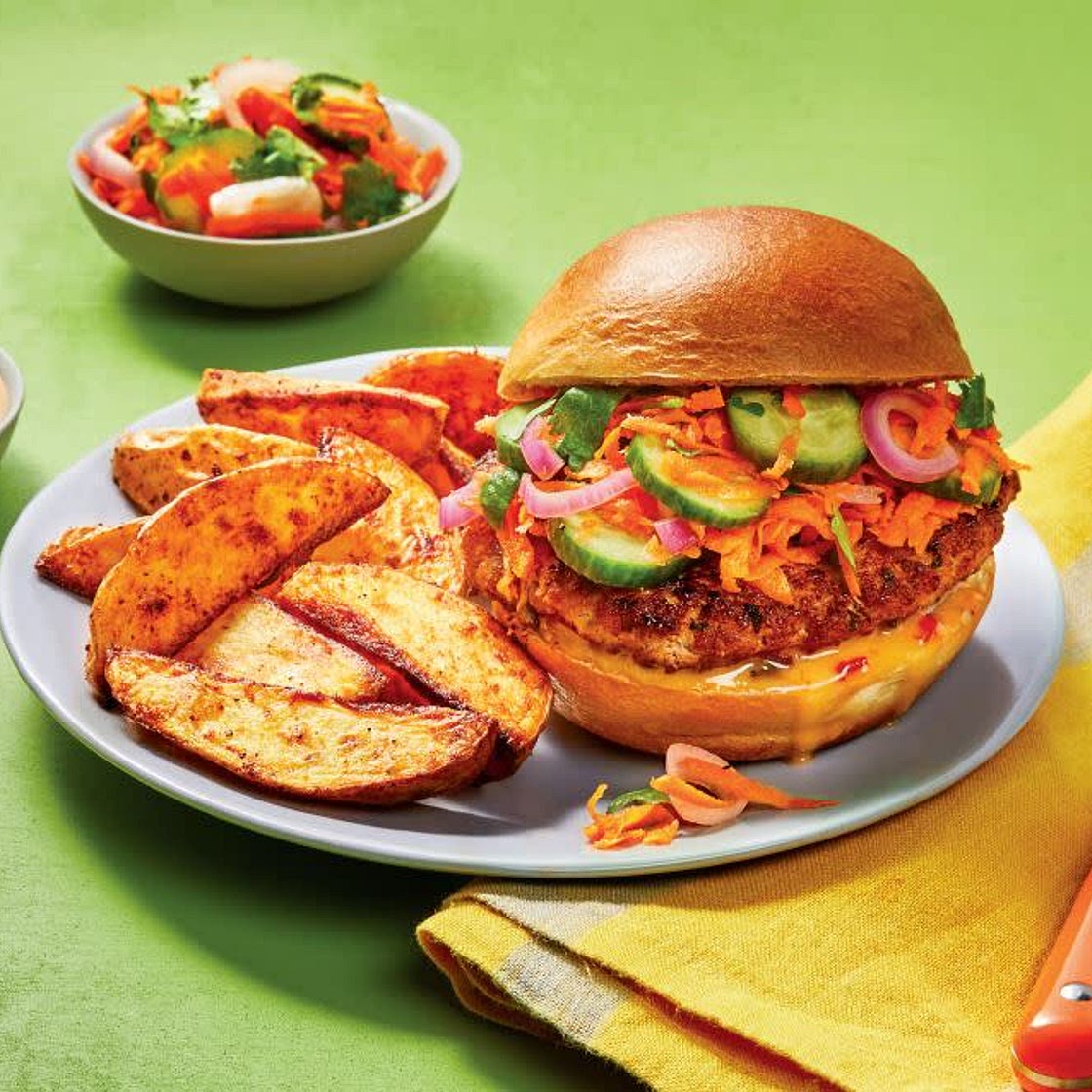 Banh Mi Pork Burgers with Pickled Veggie Slaw, Sriracha Mayo & Garlic Potato Wedges
