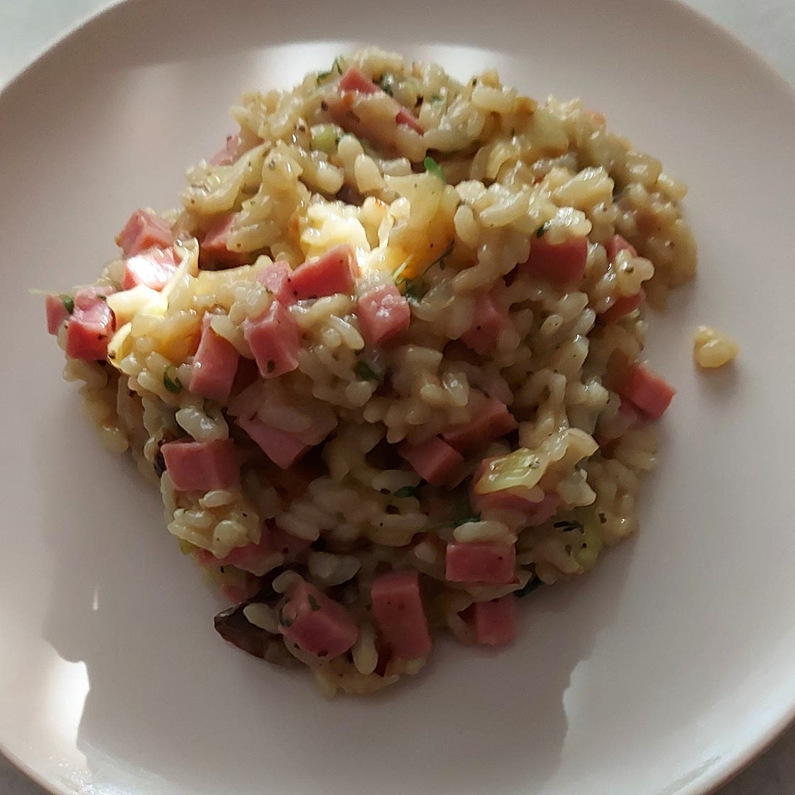 Risotto met ham, prei en champignons