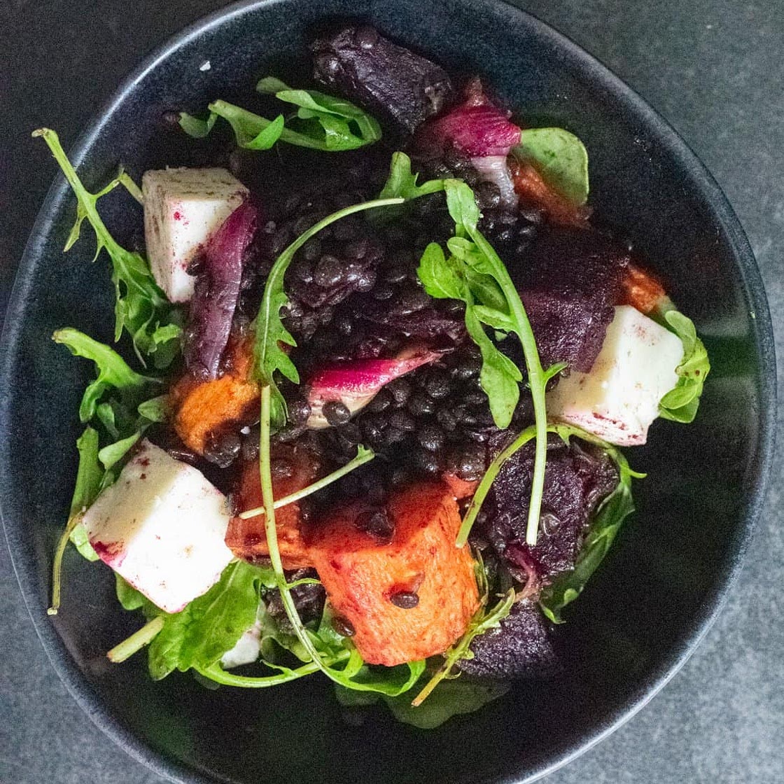 Puy lentils with roasted carrots and beetroot, walnuts and goats cheese