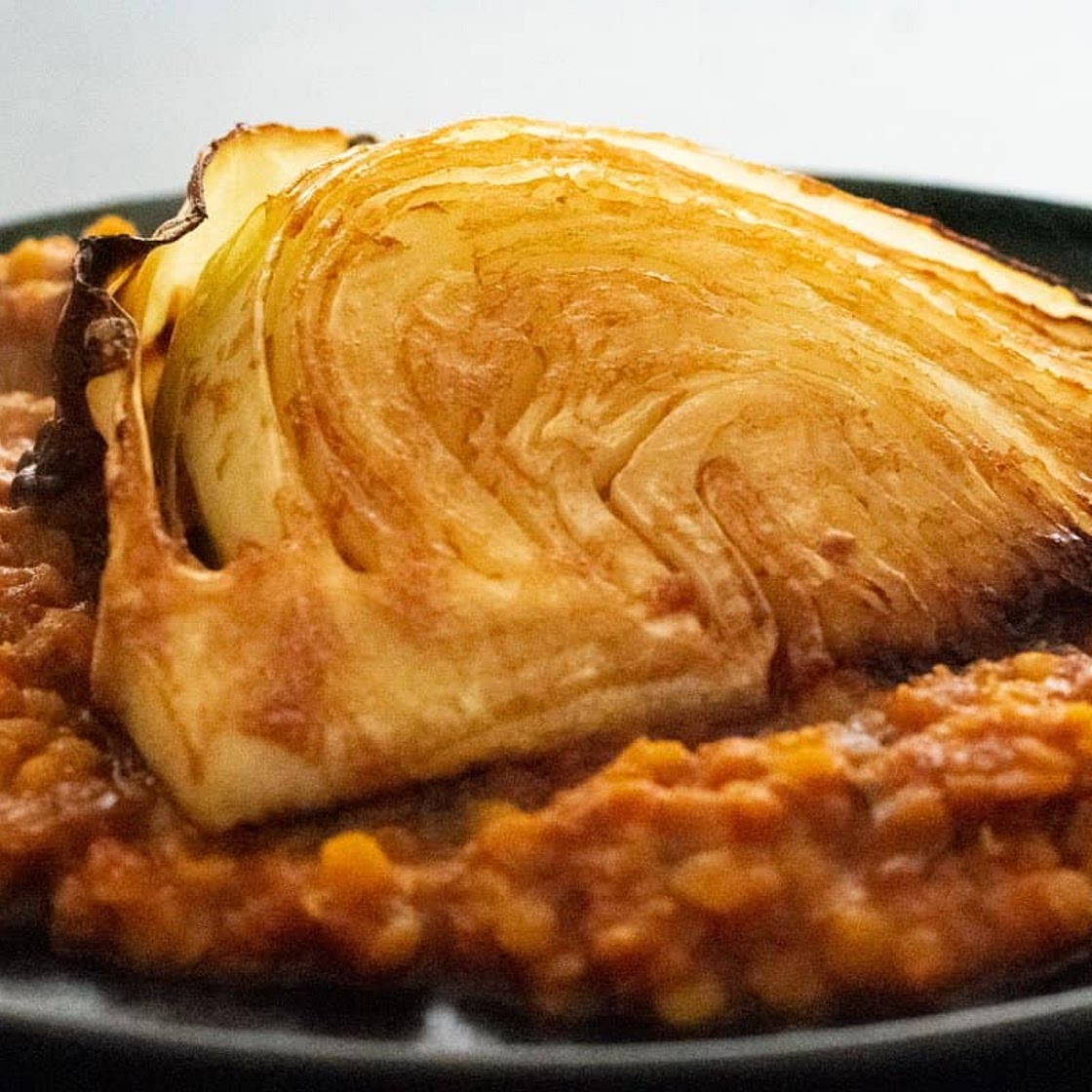 Curried lentils with tamarind roasted cabbage