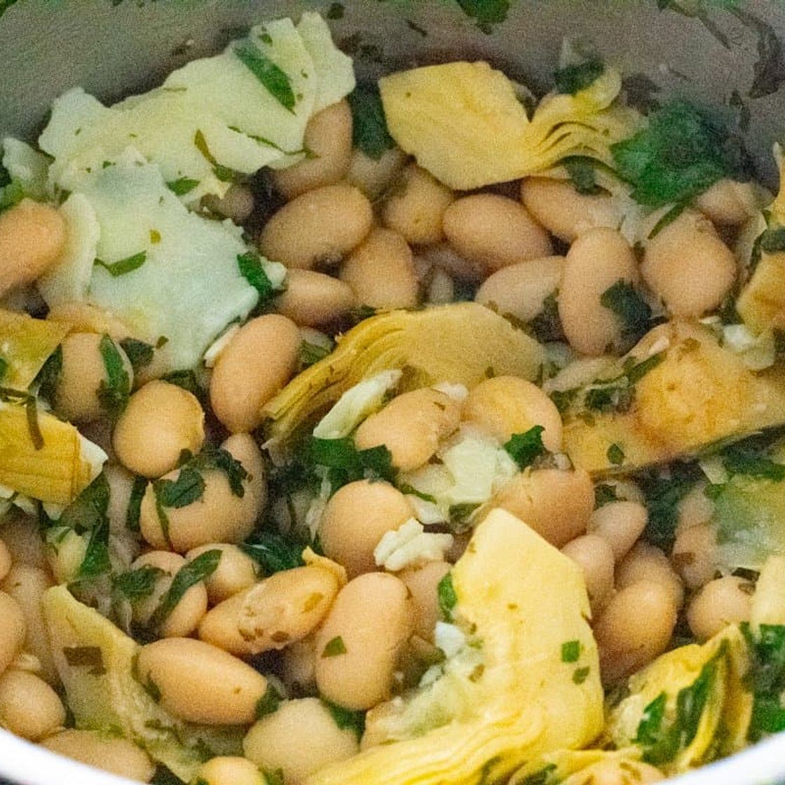 Lemon and pecorino butter beans with artichoke hearts