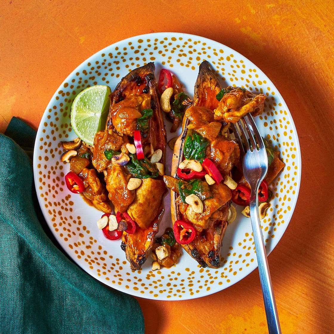Creamy Chicken Curry Loaded Baked Sweet Potato
