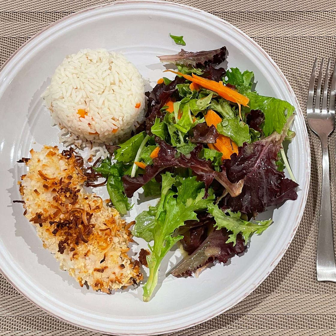 Coconut Chicken Salad with Warm Honey Mustard Vinaigrette