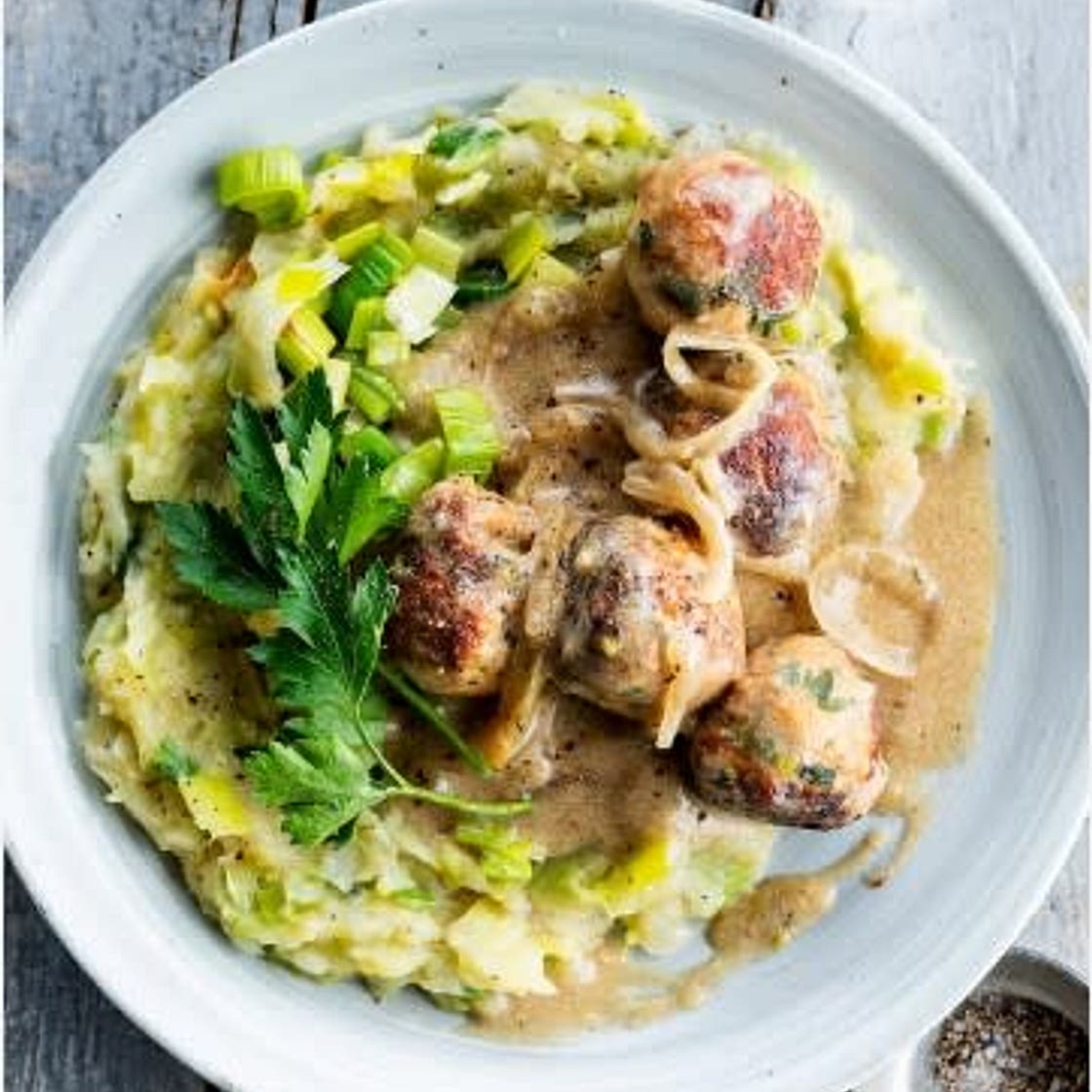 Zweedse balletjes met prei-koolrabipuree