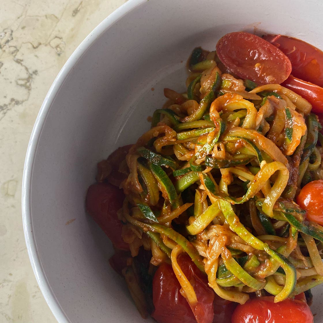 Late Summer “Zoodles” with Cherry Tomatoes