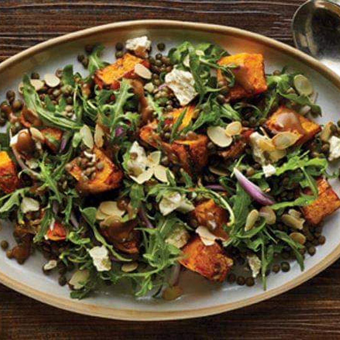Warm roast pumpkin and lentil salad