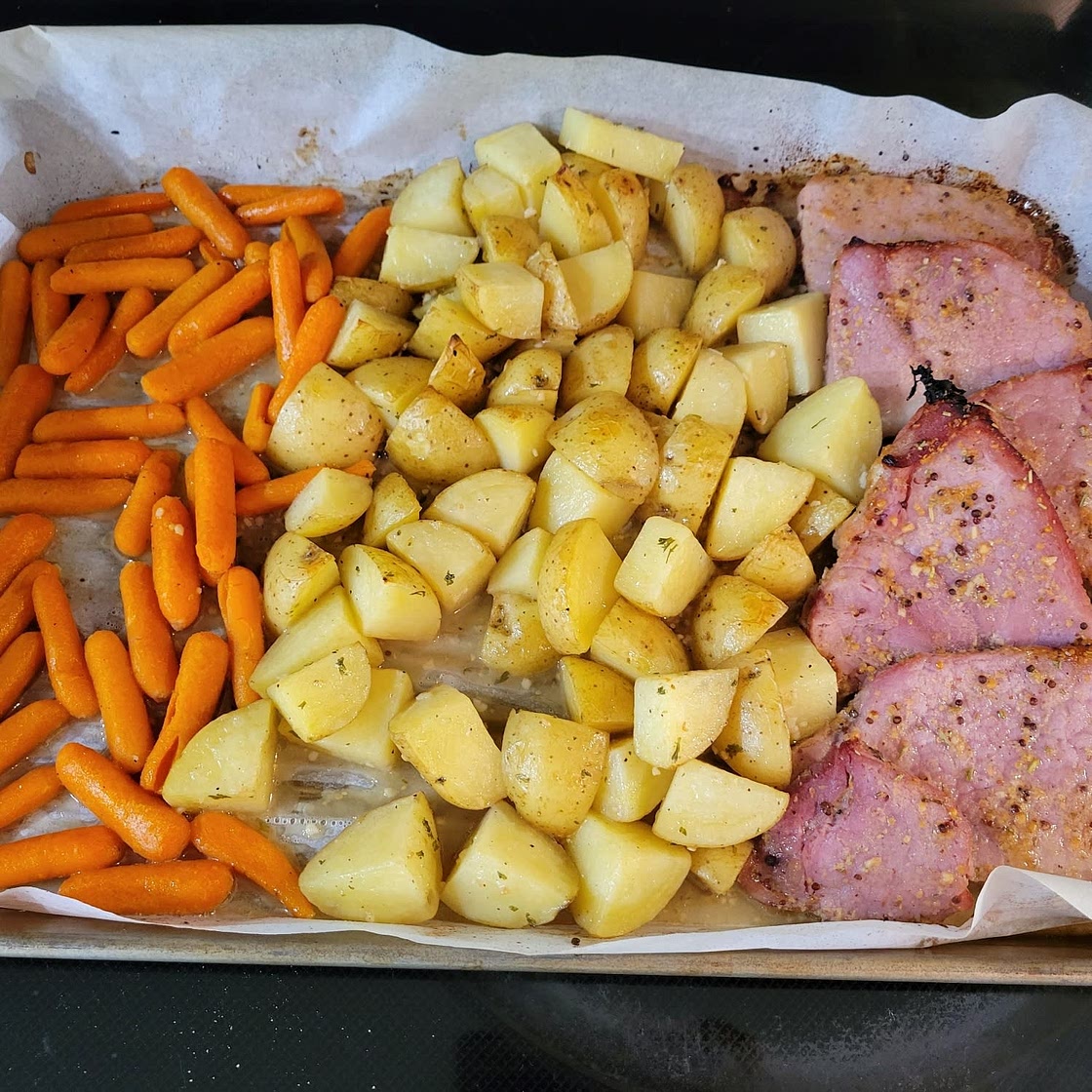 Ham Steaks Sheet Pan Dinner with Green Beans and Potatoes