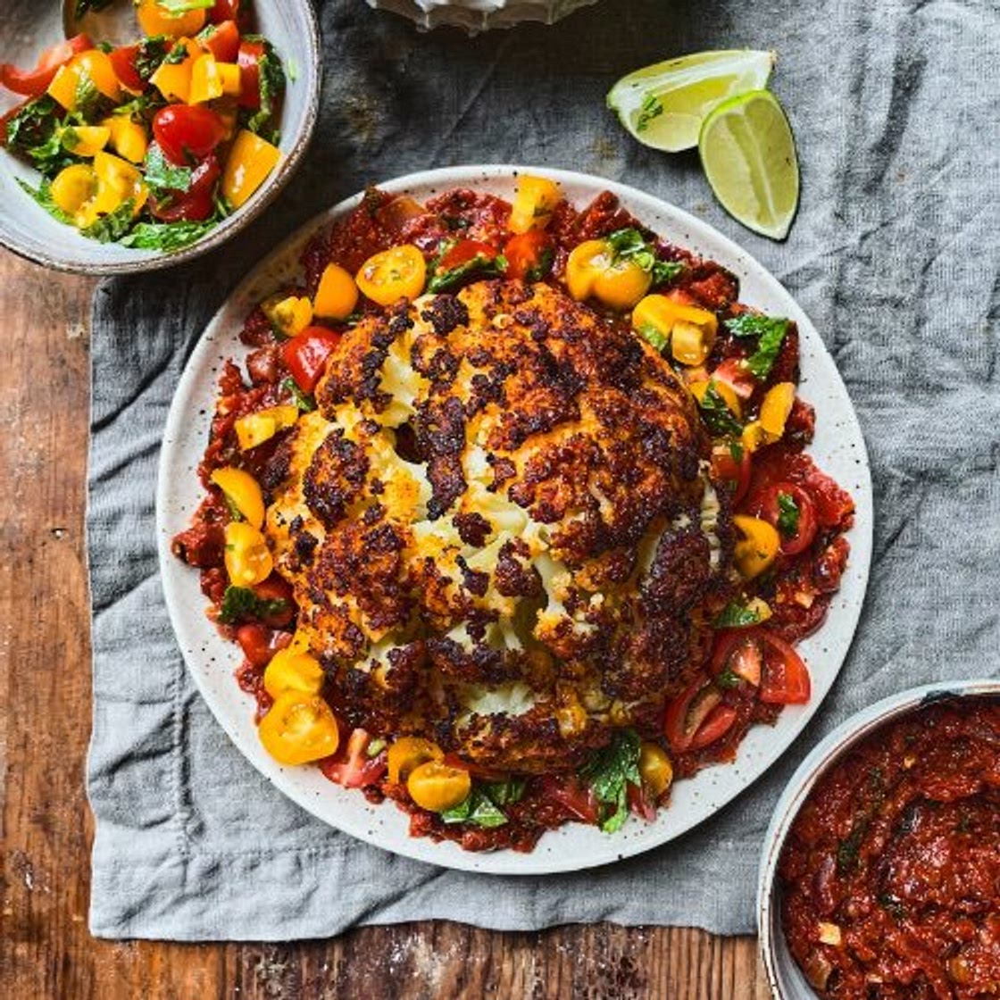 Spiced Whole Cauliflower with Smoky Tomatoes and Salsa