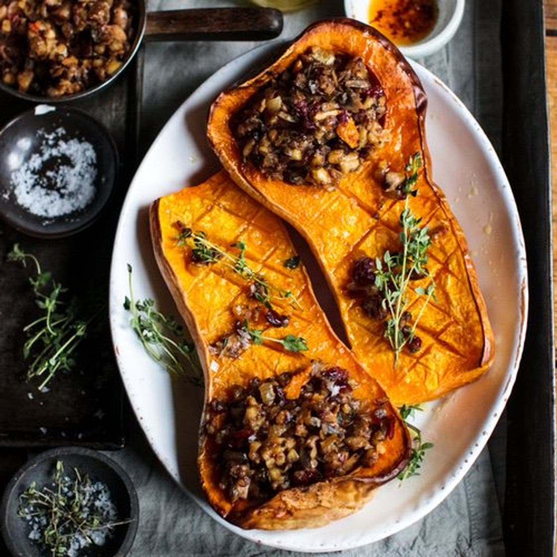 Baked Squash with Chestnut Nut Roast Stuffing