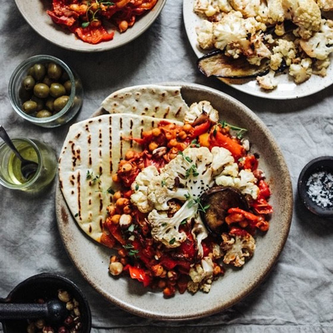 Roast Cauliflower & Aubergine with Smoky Red Pepper & Chickpea Stew