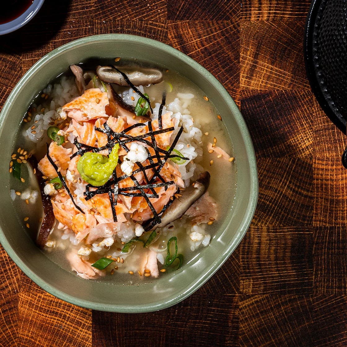 Ochazuke, with flaked salmon, rice and a miso broth, is a meal full of calm comfort