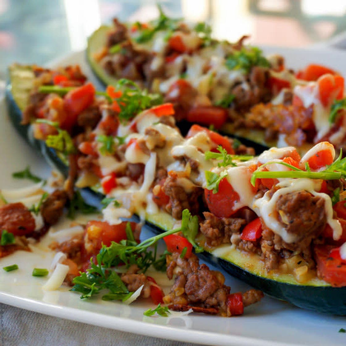 Italian Stuffed Zucchini Boats with Ground Beef, Tomatoes & Mozzarella