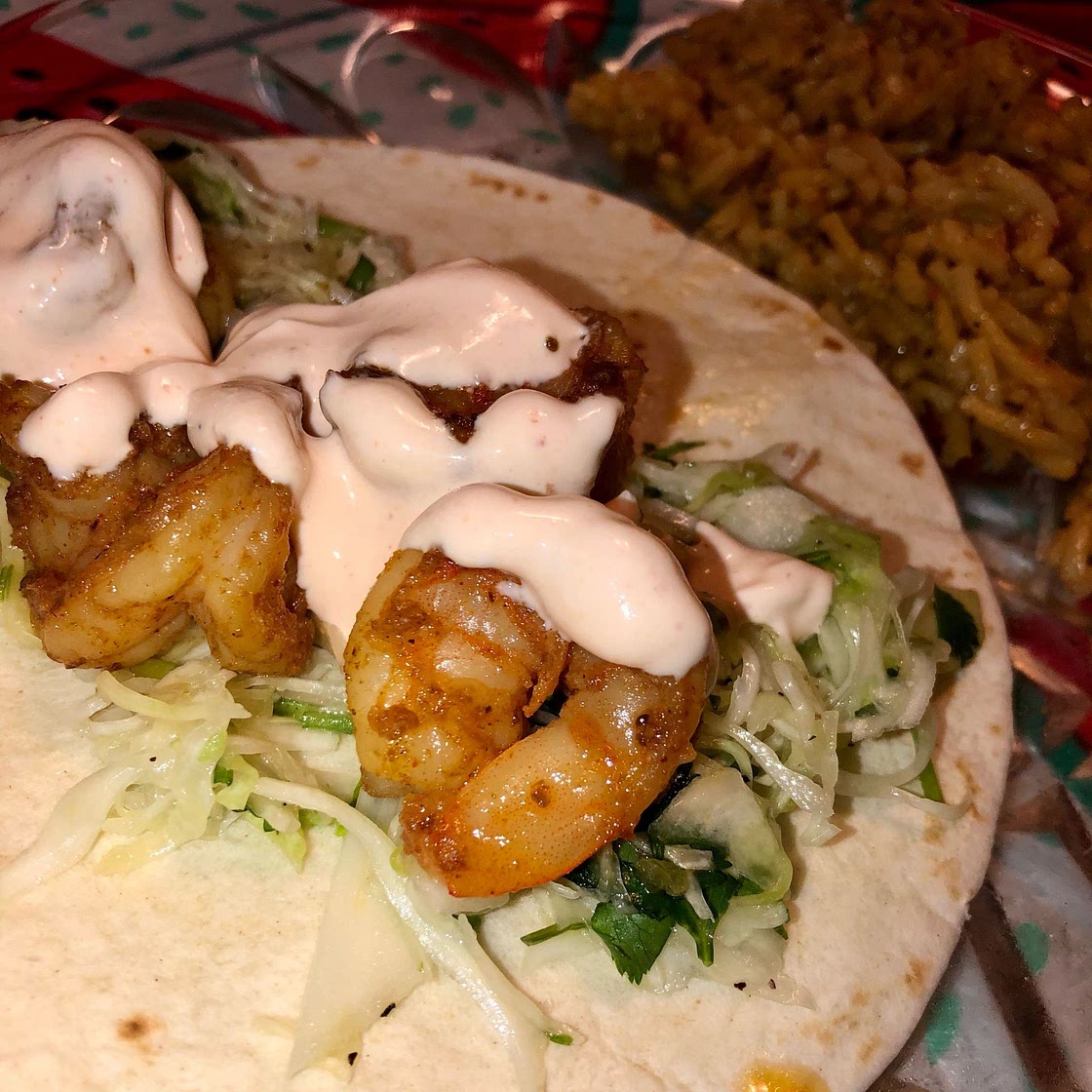 Spicy Shrimp Tacos with Cilantro Slaw and Sriracha Sauce