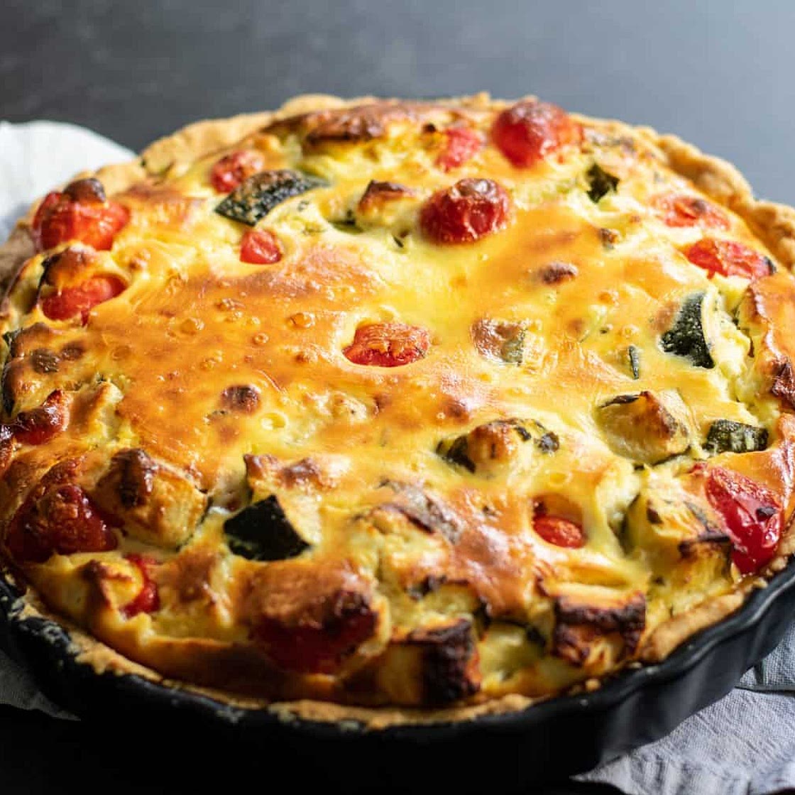 Red pepper, courgette, feta and mint quiche