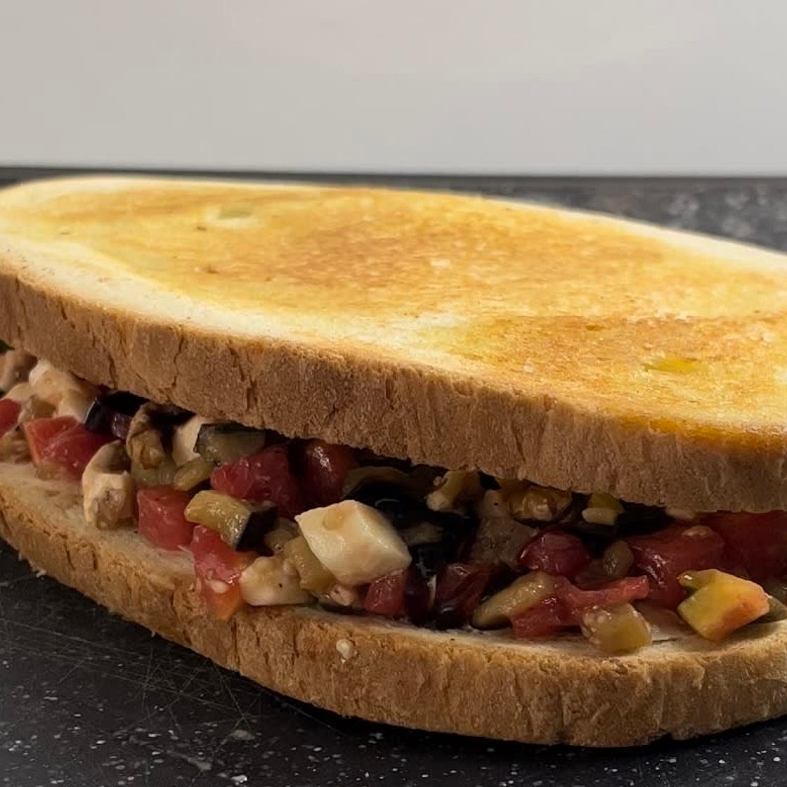 Giant eggplant bruschetta sandwich