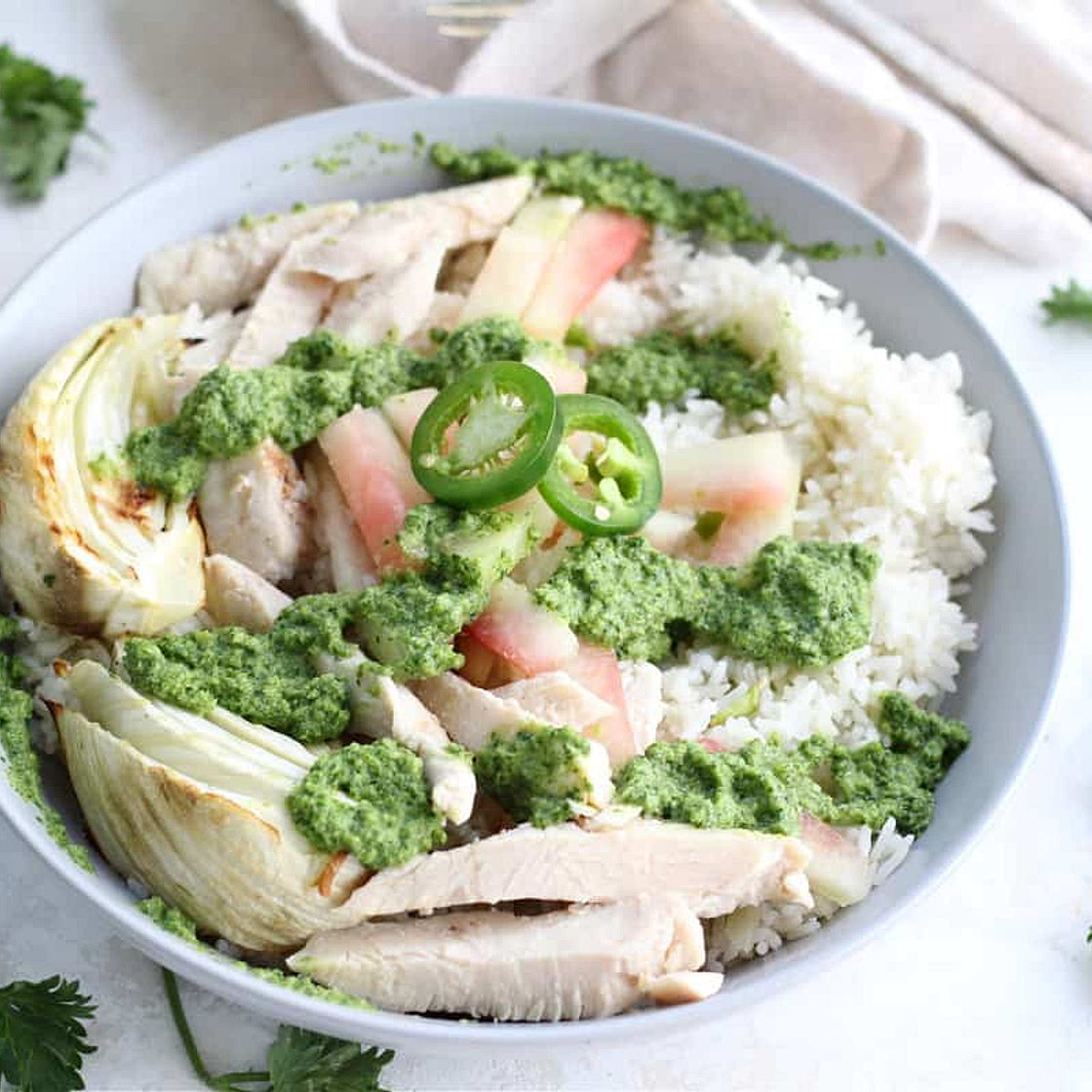 Chicken and Spicy Pickled Watermelon Rind Rice Bowls