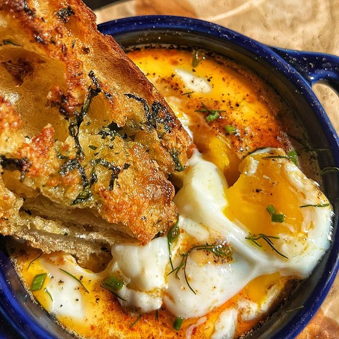 Çılbır-Inspired Eggs En Cocotte — baked, custardy eggs