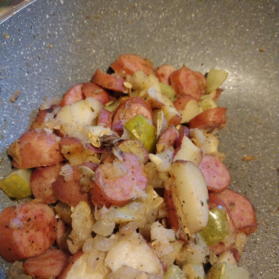 Potato, brat, cucumber skillet