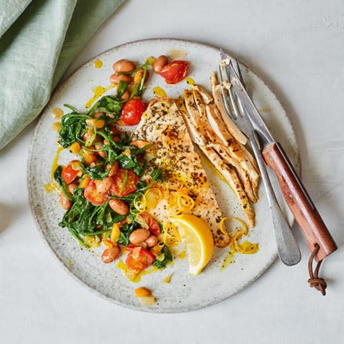 Flattened Lemony Chicken with Borlotti Beans, Tomatoes and Spinach