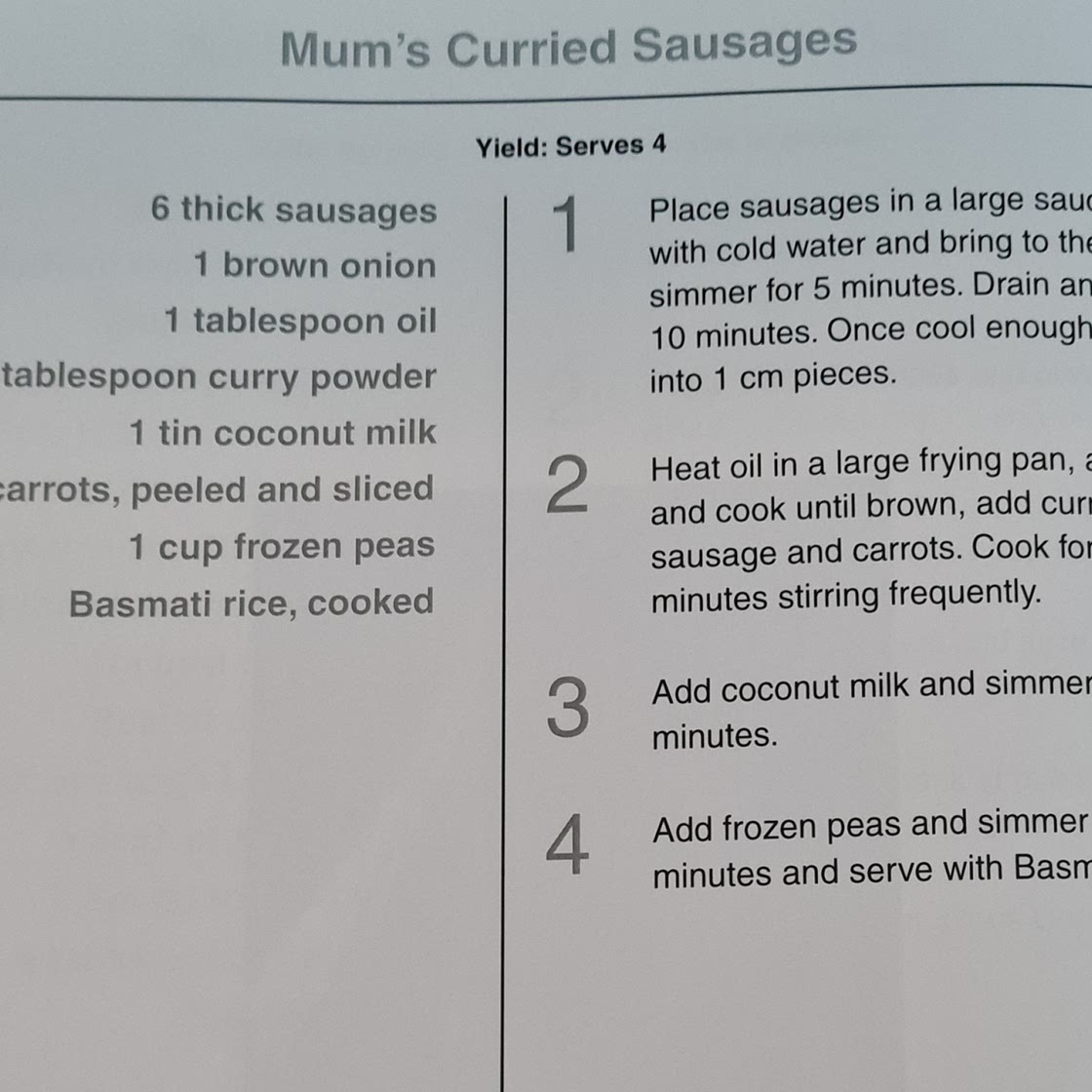 Cath's Curried Sausages