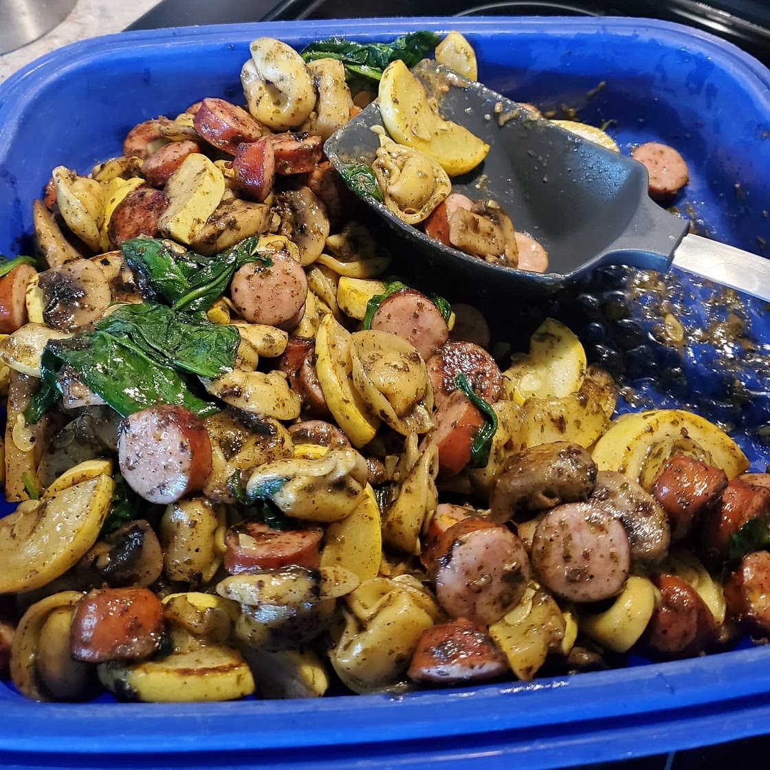 Blackstone Grilled Kielbasa, Tortellini, & Spinach Casserole