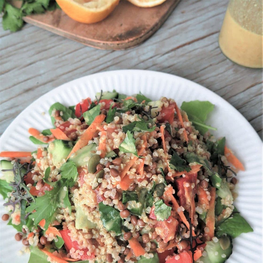 Quinoa Lentil Salad with Moroccan Style Dressing 