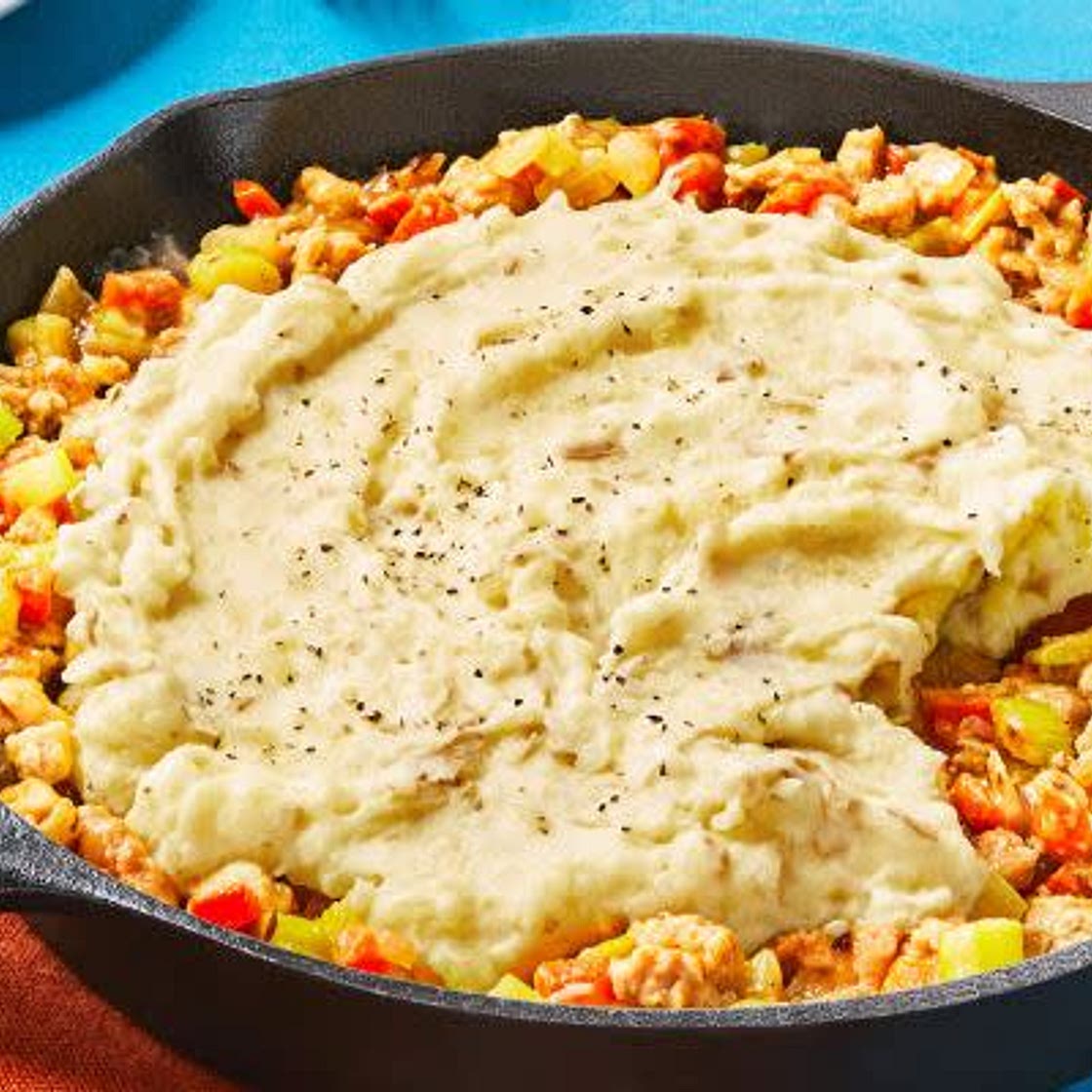 Turkey Shepherd's Pie topped with Garlic Mashed Potatoes