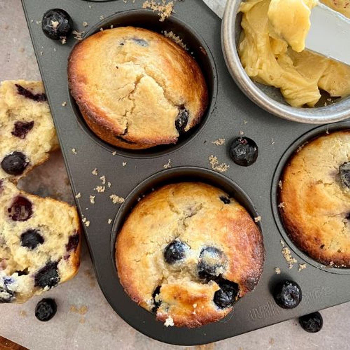 Overnight Sourdough Blueberry Muffins
