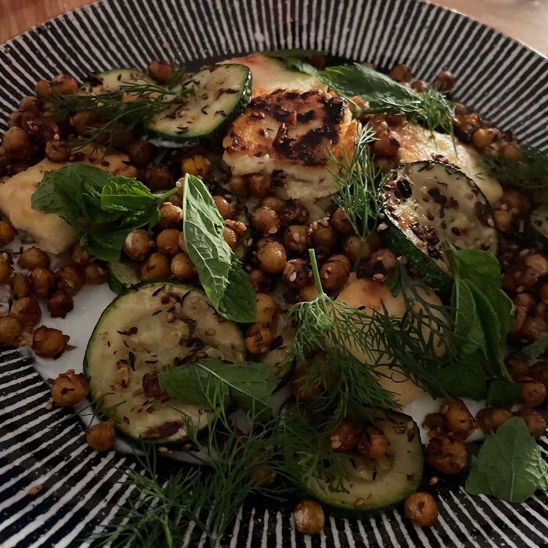 Crispy Lemon Feta with Spiced Chickpeas and Basil Orzo