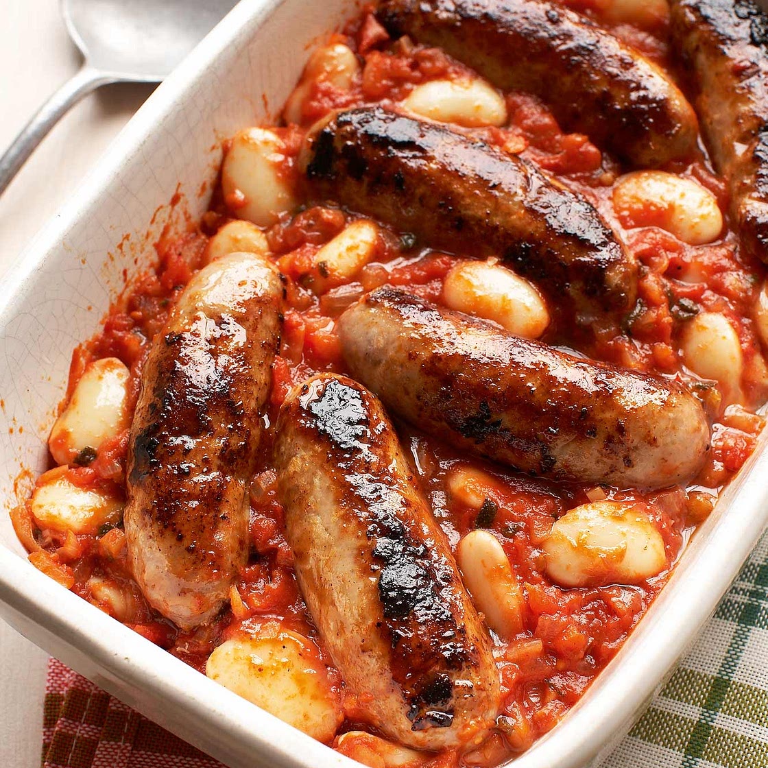 Sausage, tomato & butter bean bake