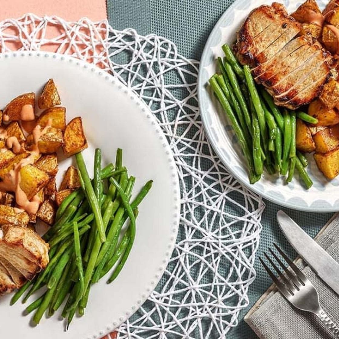Spanish Pork Chops with patatas bravas and green beans