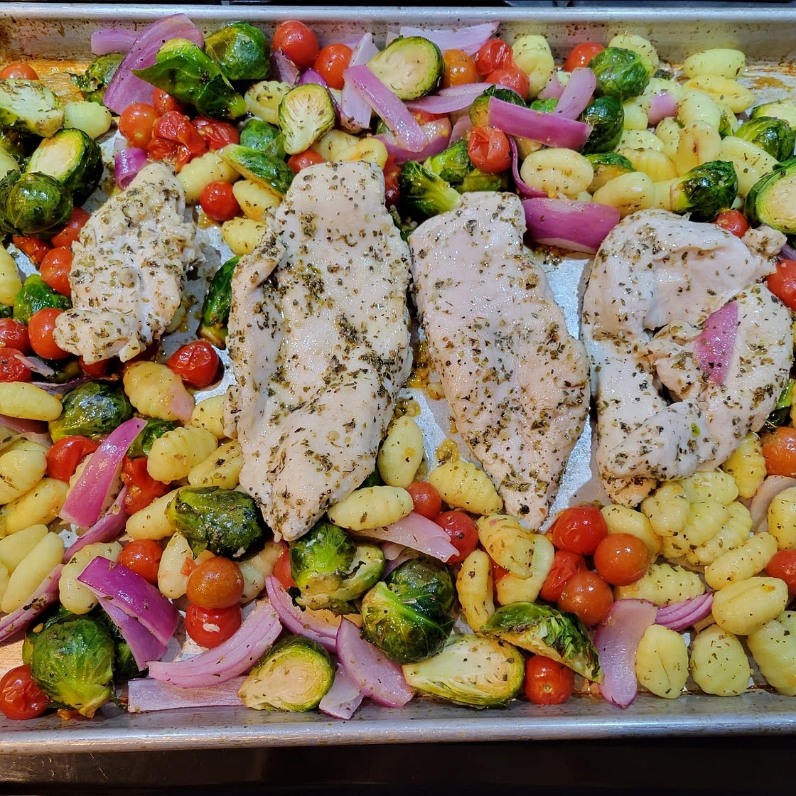 Sheet-Pan Mediterranean Chicken, Brussels Sprouts & Gnocchi