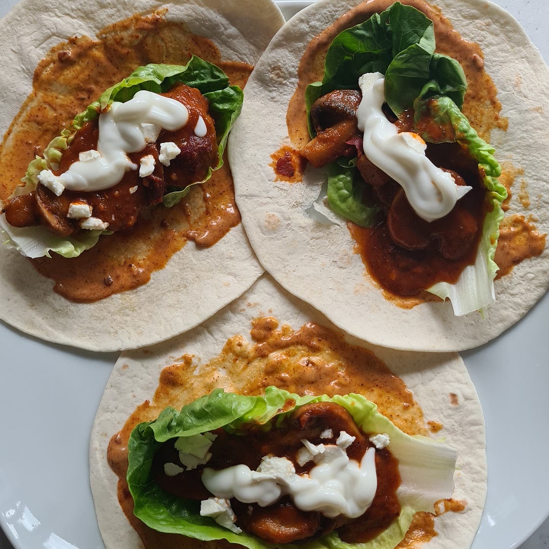 Cajun Spiced bean and mushroom tacos