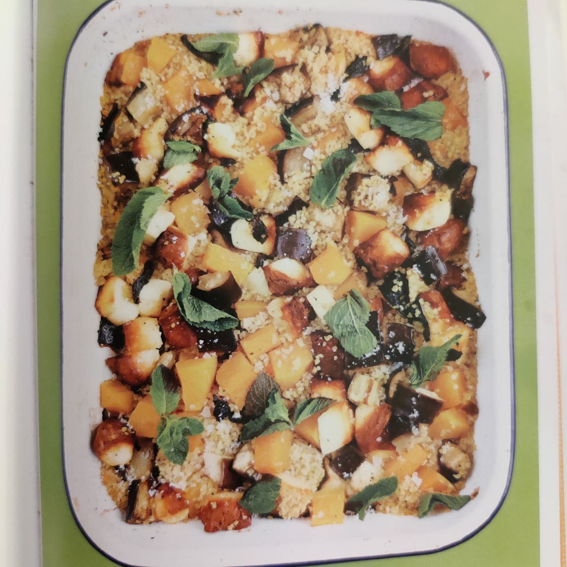 Roasted Aubergine with squash, halloumi, mint & bulgar wheat