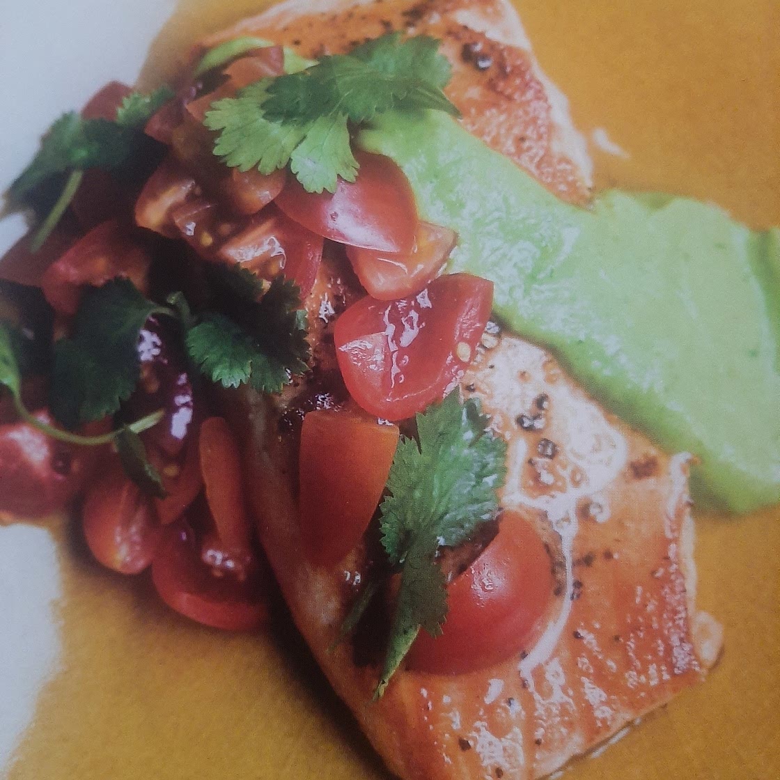 Seared Salmon with Avocado Sauce and Tomato Cilantro Salsa