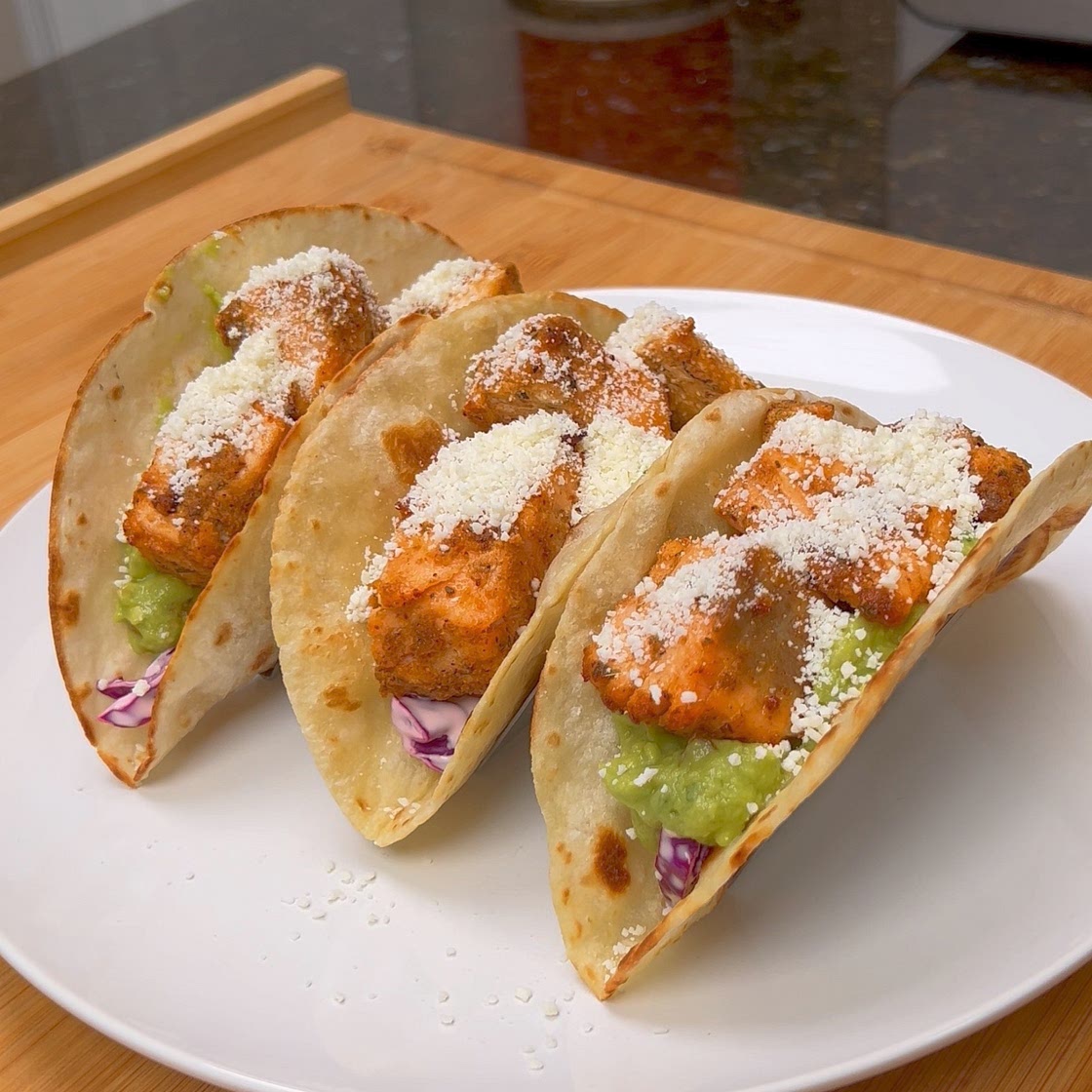 Air Fryer Salmon Tacos w/ Lemon Garlic Slaw