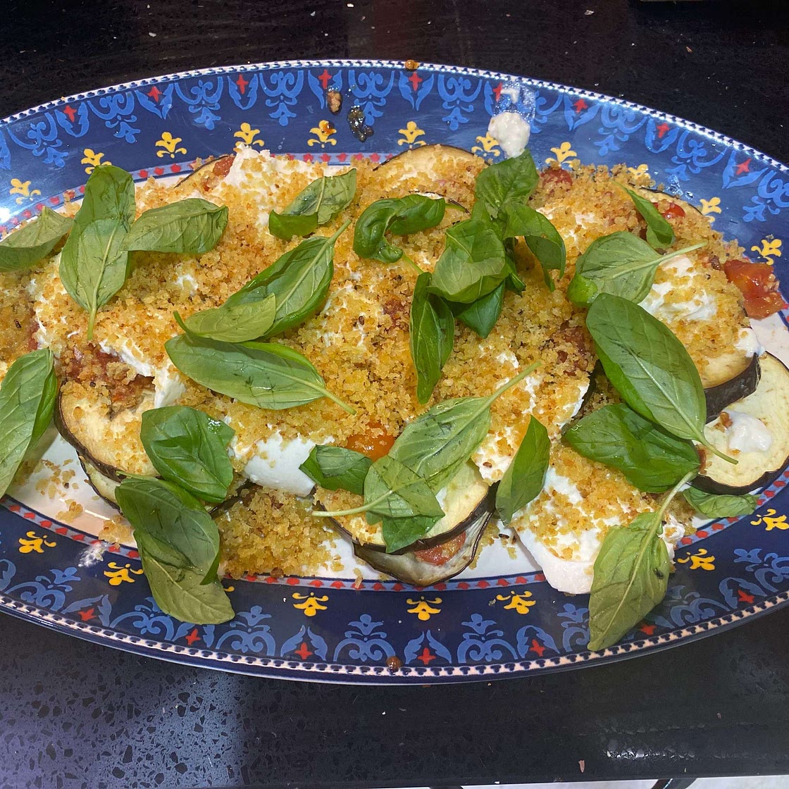 Grilled Eggplant With Roasted Tomatoes, Burrata And Garlic Breadcrumbs