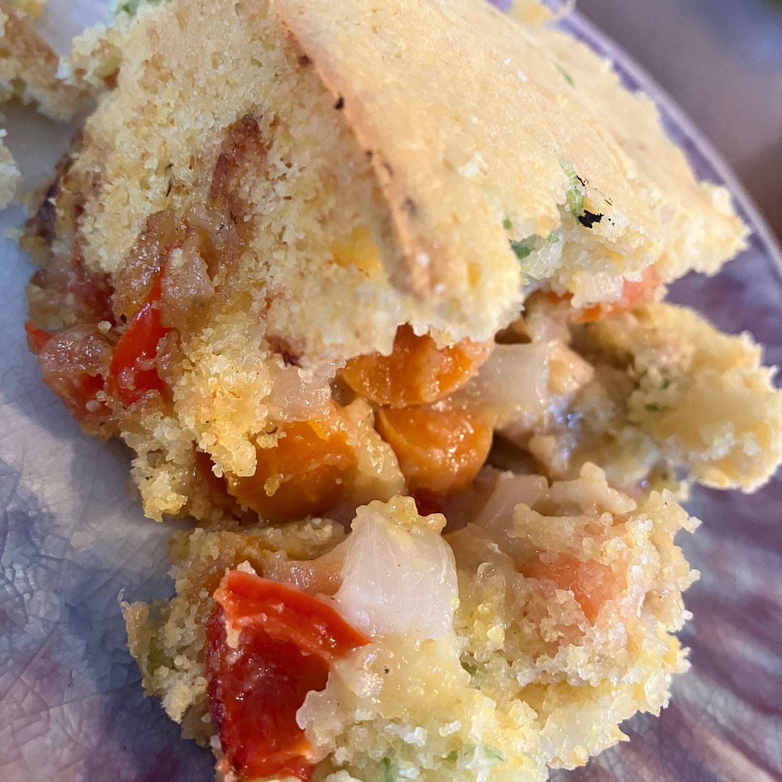 Cajun Chicken Thigh Cornbread Pie with sour cream and red bell pepper