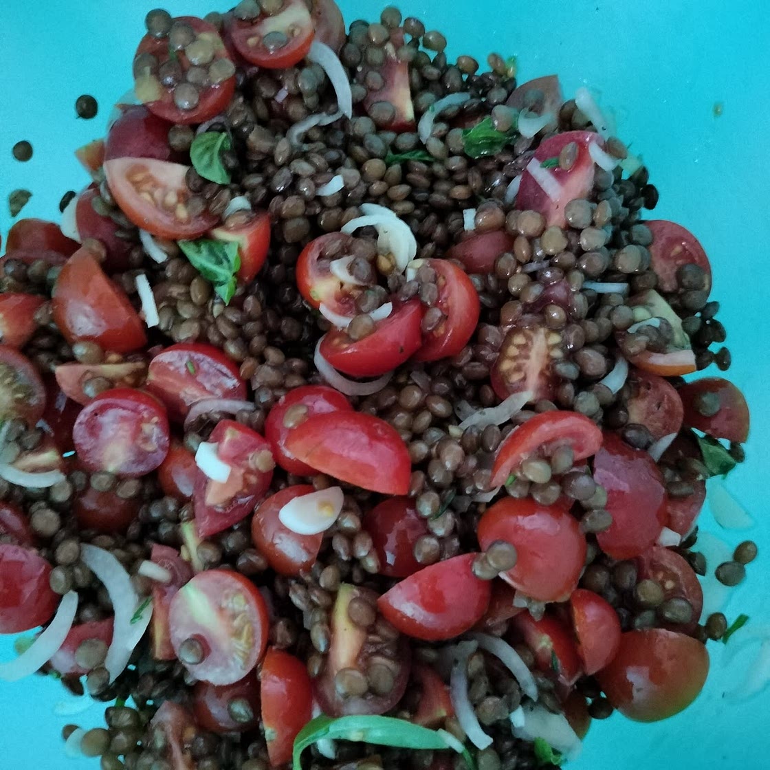 Insalata di lenticchie pomodori e cipollotti
