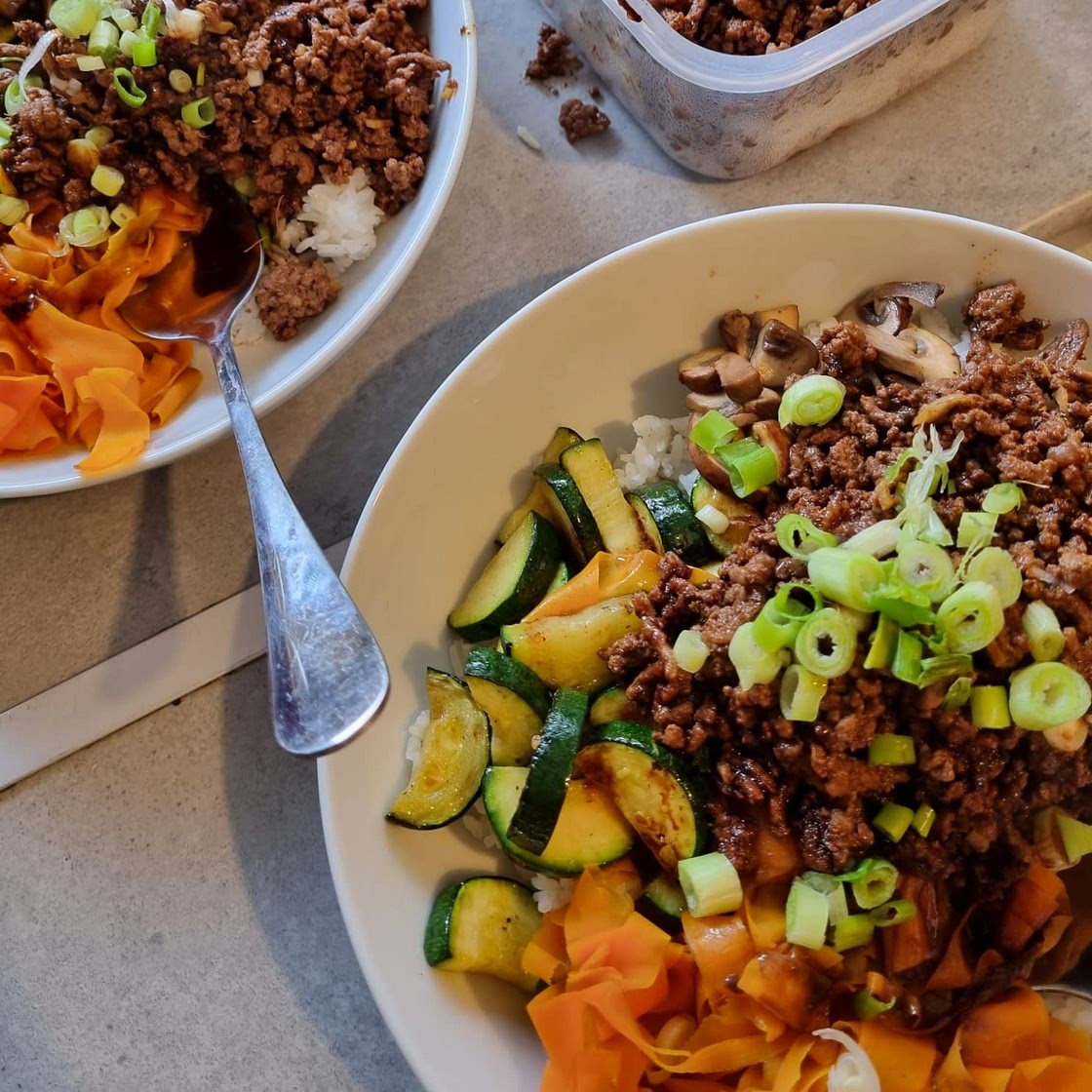 Korean Beef Bibimbap with Zucchini, Mushrooms, and Carrot