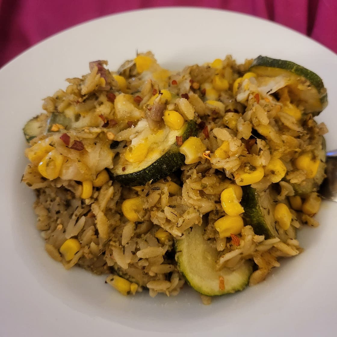 Easiest One Pan Corn and Zucchini Pesto Orzo Casserole