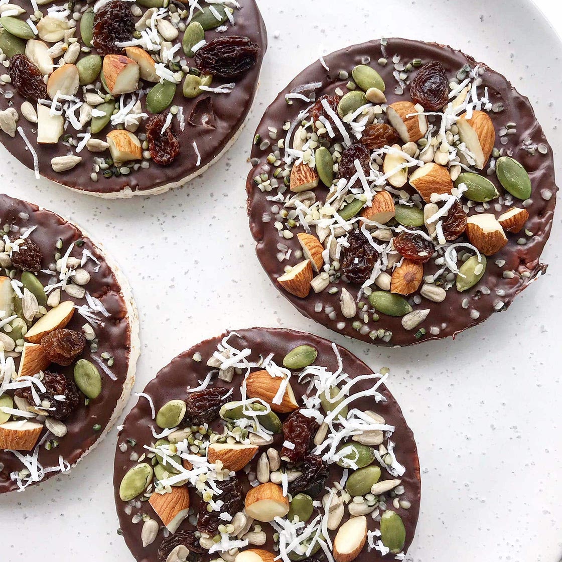 Chocolate-Coated Rice Cakes with Nuts, Seeds and Dried Fruit