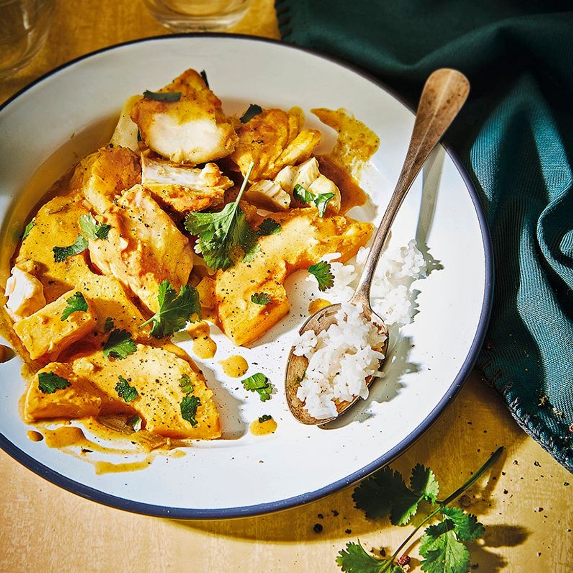 Curry de cabillaud au lait de coco sucré, salé