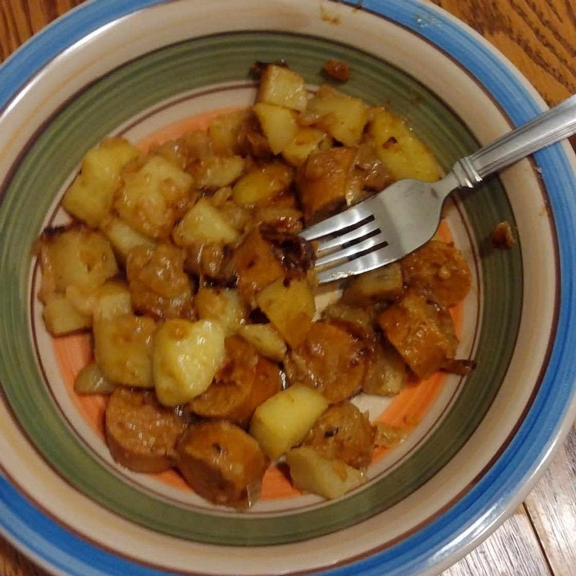 Potato, brat, cucumber skillet