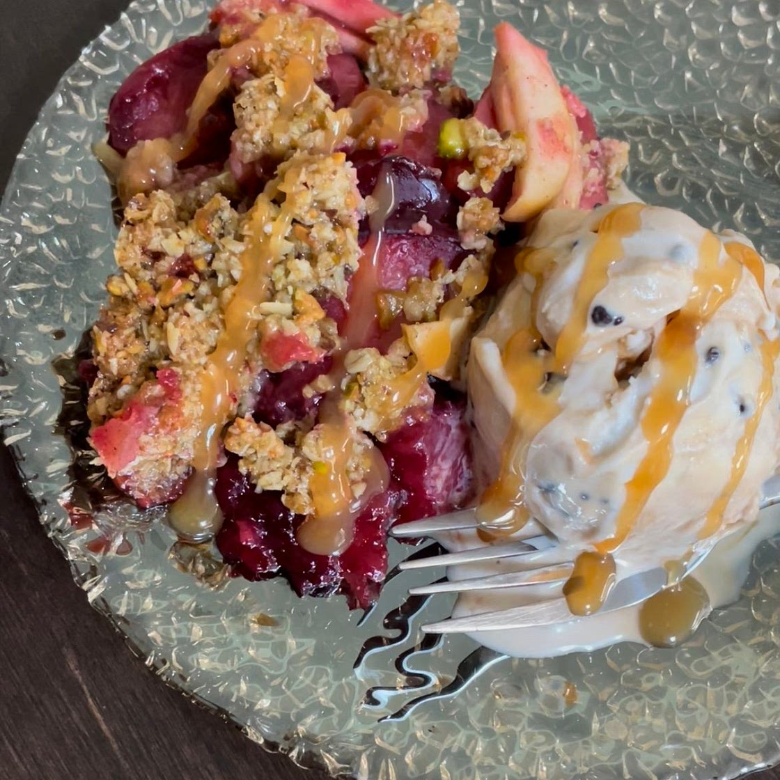 [Gluten-Free, Dairy-Free] Apple Plum Pistachio Crumble — Bottomless Chef